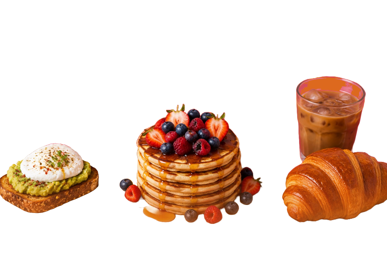 Pancakes généreux aux fruits rouges et sirop, tartine d’avocat avec œuf poché et croissant doré.